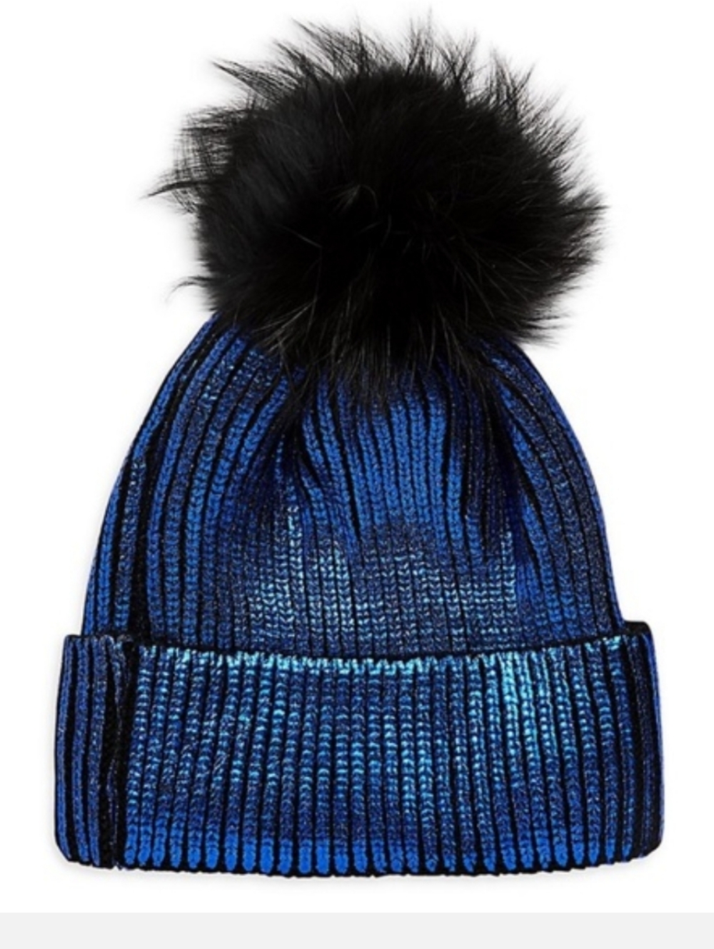 Adrienne Landau Metallic Beanie Black Fox Fur Pompom